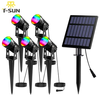 T-SUN RGB 5 лампи, слънчев led лампа, открит IP65, водоустойчив, слънчев лампа за украса на градински пътеки, слънчева светлина на открито
