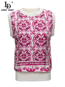 LD LINDA DELL, летни модни дизайнерски блузи с фарфоровым принтом като червено цвете, дамски блузи с кръгло деколте, свободна талия, реколта върховете на бретелях