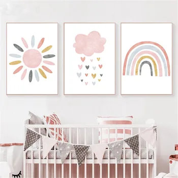 Декорация на детски стаи в скандинавски стил, розовото мультяшное облак, слънце, дъга, монтиране на изкуството, платно, картини за спални, без рамка