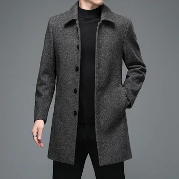 Бизнес ежедневни вълнени якета, палта, дълга козина, висококачествени мъжки зимни якета и палта, мъжки смес от вълна с отложным яка