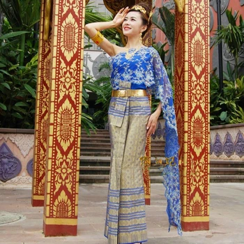 Традиционни тайландски дрехи, дамски сапфирово синьо блузи без ръкави, с едно рамо, добре дошли на рокля, костюм Сонгкран, дрехи Тайланд