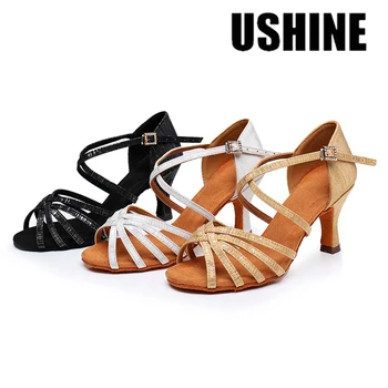 USHINE / нови дамски професионални обувки за латинските танци, тъканни сатенени обувки за балните танци Салса, сватбени обувки за танци