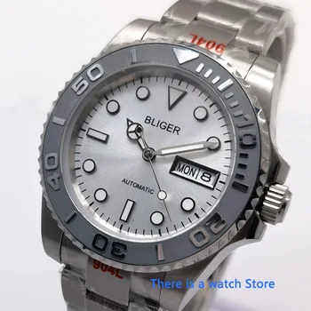 Мъжки автоматичен часовник Bliger 40 мм с бял циферблат механизъм NH36A, сапфирен кристал, функция дата на седмица, светещи ръчни часовници за мъже