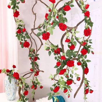 рози 175 см, изкуствени фланелен цветя, висококачествени стенни лоза, копринени растения, ратанови венец, сватба, домашно парти, градински интериор