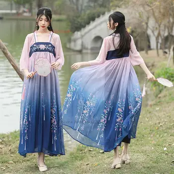 2023 старинна рокля ruqun hanfu, традиционен китайски винтажное шифоновое рокля, национален костюм принцеса с цветна бродерия и принтом
