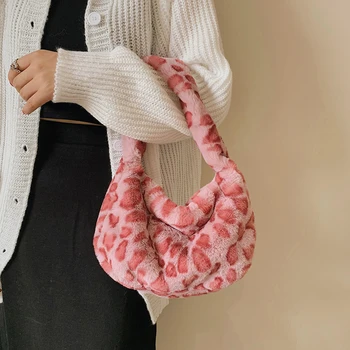 Розови леопардовые плюшени сака за жени 2021, нова мека космати чанта-тоут, пухкави луксозна дизайнерска чанта, кожени чанти за рамо
