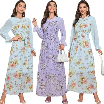 Летни дамски мюсюлмански абаи, винтажное шифоновое рокля с флорални принтом и дълъг ръкав, ислямското рокля за парти в Дубай, рокля дантела, арабско премяна