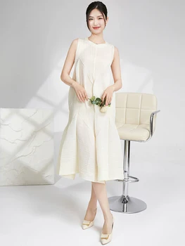 Плиссированное рокля за жените, нишевый дизайн, свободна и удобна рокля midi без ръкави в стил пъпка на цвете