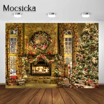 Mocsicka Златни Ретро коледен фон за камина, венец, подаръци, фон за деца и възрастни, подпори за фото студио, декор за парти, банер