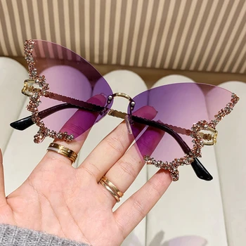 WUHUAISH Луксозни слънчеви очила с диамантена пеперуда, женски маркови vintage слънчеви очила в голям размер, без рамки, дамски слънчеви очила gafas de sol