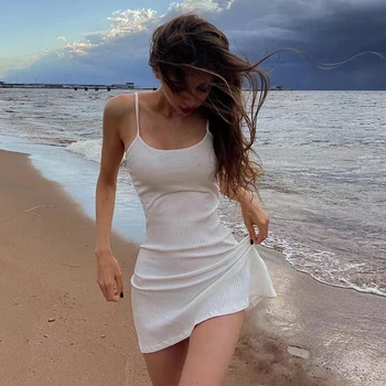 y2k Лятото-секси бяла рокля на подтяжках без ръкави, приталенное рокля midi, секси плажни дрехи за най-горещите момичета, всекидневни сарафан за почивка на брега на морето