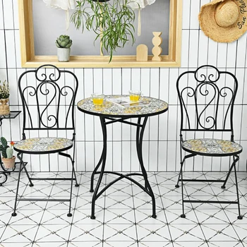 Комплект от 3 теми в мозаичном стил двор-бистро със сгъваеми столове и кръгла масичка, холна маса и маса за комуникация