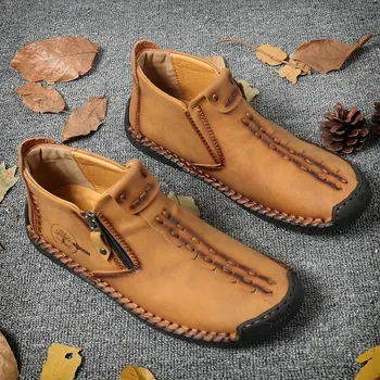 Мъжки обувки ботильоны кожа ръчно изработени, зашити с цип с кръгло бомбе, модни есенни обувки Martin голям размер, мъжки ежедневни обувки