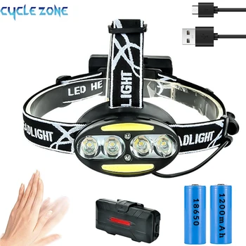 Мощен индукционный налобный фенер LED T6, 7 режима, фенер за нощен риболов на открито, на къмпинг, USB акумулаторна главоболие фенер