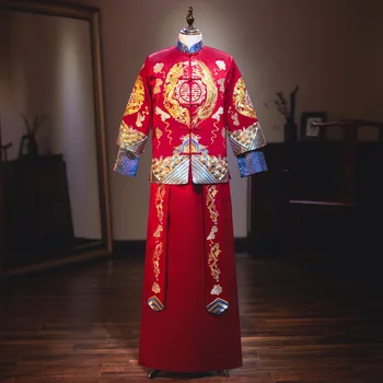Xiuhe Clothing Мъжки комплекти китайски рокли, костюми Тан, сватбена рокля за тост, традиционната рокля-мандаринка с дракон и Фениксом, кимона за младоженеца