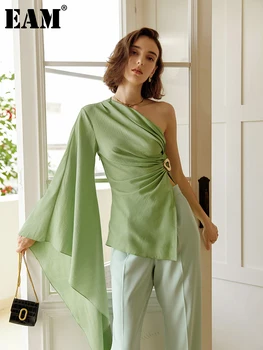 [ИАЛ] Дамски нерегулярная зелена плиссированная блуза, нова риза с асиметрично яка и дълъг ръкав, модерен прилив на Пролет-лято 2023 1DE9500