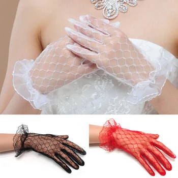 Дантелени сватбени ръкавици от чиста прежда, елегантни отворени женски черни, червени, бели къси дантелени сватбени ръкавици, аксесоари за сватбени партита, ръкавици
