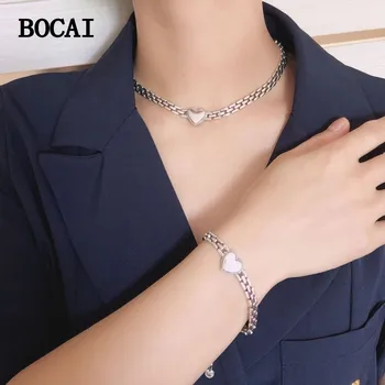 BOCAI, ново сребро S925 проби, лесен стилен персонализирани лъскава гривна във формата на сърце, веригата на ключицата, женски подарък