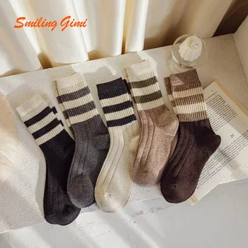Корейски модни дишащи фини кафяви чорапи памук унисекс райе Four Seasons Топли дълги чорапи