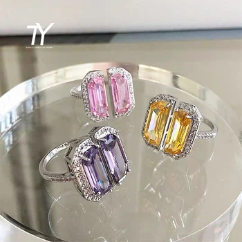 Проектно решение, crystal правоъгълна кройка, сребърен пръстен за жени, модни луксозни корейски украса, сватбена халка за момичета