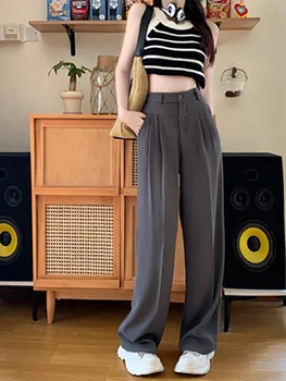 Окачени сиви костюмные панталони за жени, лятна корейската версия 2023, Нови ежедневни панталони с висока талия и широки штанинами, прави панталони