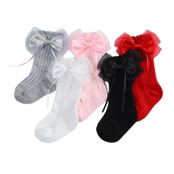 Дълги Чорапи За малки момичета от 0 до 3 години, Чорапи Принцеса с пискюли и Голям лък За Деца, Пролетни Сладки Чорапи над Коляното