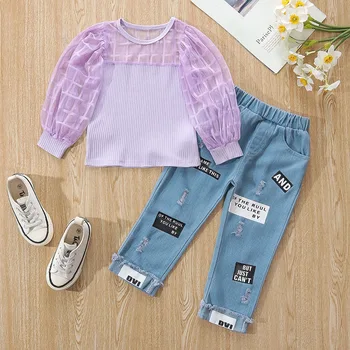 Пролетно-есенен детски дрехи от 3 до 10 години, модерен костюм за момичета, памучен однотонная тениска + дънки с надписи, комплект дрехи от две части
