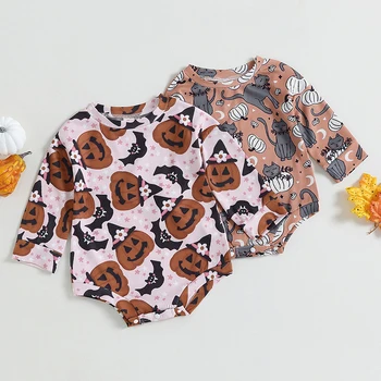 Сладък детски гащеризон, облекло за Хелоуин с принтом котки/прилеп, пролетта и есента гащеризон с дълъг ръкав за новородено, модерен детски гащеризон