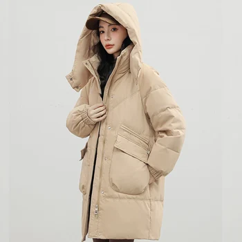 Зимни дамски яке-парка, на новост 2023, свободно палто, naka яке с памучна подплата, шапка, сваляща се топла качулка, женски паркове, зимни дрехи