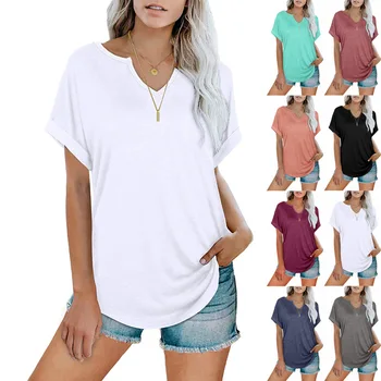 Дамски летни Модни Нова Однотонная Свободна тениска с V-образно деколте и къс ръкав, дамски Ежедневни Универсална тениска за крайградски пътувания, Жена и жена