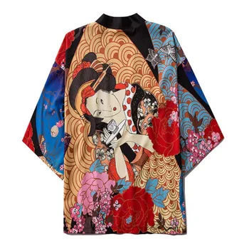 Японското кимоно градинска облекло кимоно Укие-е с цветна принтом, жилетка за cosplay, халат Хаори Оби, традиционни японски облекла за жени и мъже