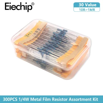 300шт Комплект резистори 1/4 W (10Ω ~ 1MΩ) Метален филмът резистор 30 стойности в асортимент, 0,25 W Резистори от 10 Ома 100 Ома 1K 10K 100K
