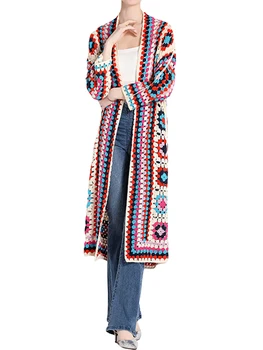 Жена жилетка с цветна принтом в стил бохо, дълъг ръкав и отворена предна част, вязаный на една кука, палто-пуловер - Ежедневни връхни дрехи в бохемски стил