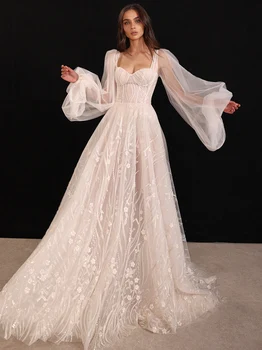 18117#Елегантна сватбена рокля трапецовидна форма, с бяла бродерия на цветя, сватбени рокли от тюл с дълъг ръкав, сватбени рокли за жени