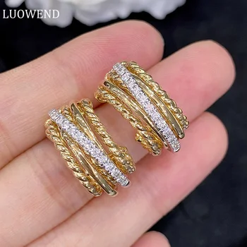 Обеци от бяло и жълто злато 18 Карата LUOWEND, реколта обици-халки с тези естествени диаманти в дворцов стил за жени, вечерни украса