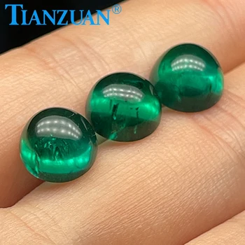 Отглеждани в хидротермални условия emerald кабошон Muzo изумруд и диамант нарязани на кръгла форма с малки пукнатини, включвания, россыпью скъпоценен камък